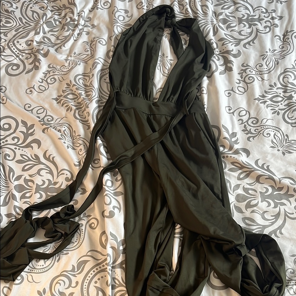 Olive Green Halter Plunge Jumpsuit